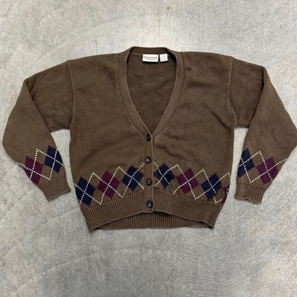 American Vintage Sweaters - Vintage Brown Cardigan Cotton Argyle Sweater Preppy Retro Fall Essential Small